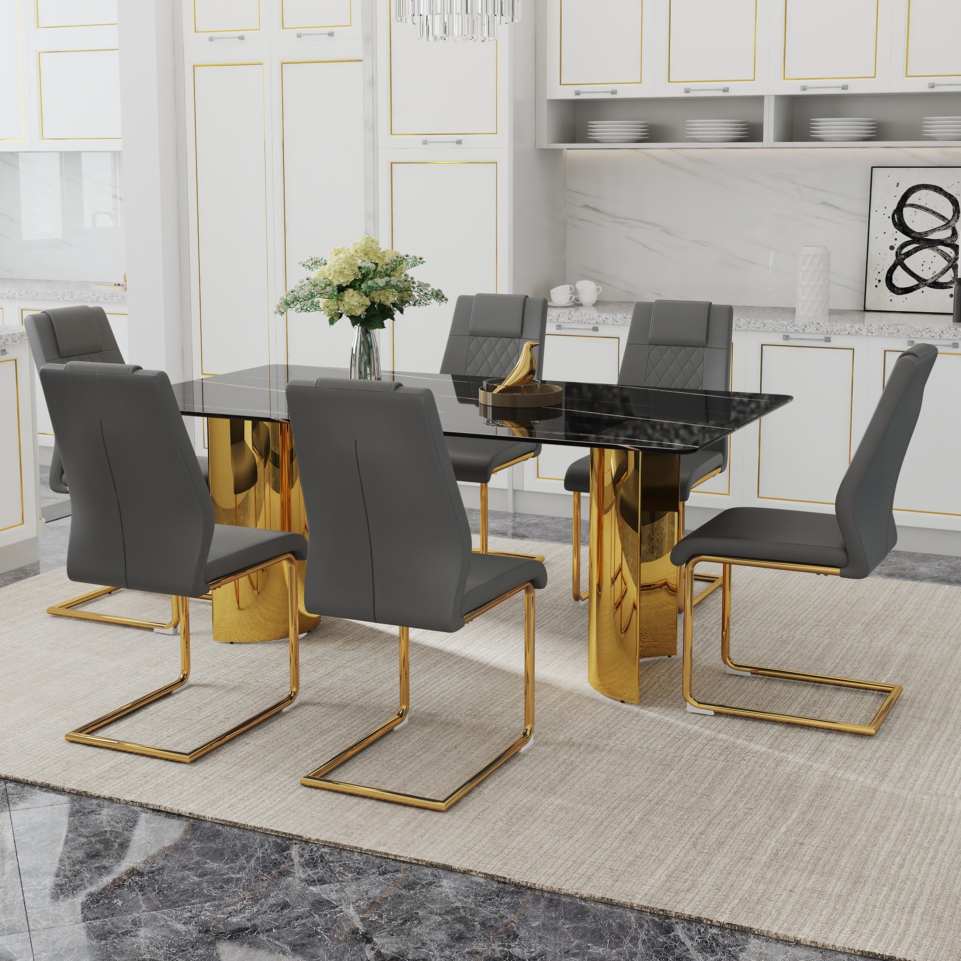 Table and chair set.The table has a glass tabletop with imitation marble pattern stickers and stainless steel golden legs. Paried with 6 comfortable chairs with PU seats and metal legs.W1151S01515