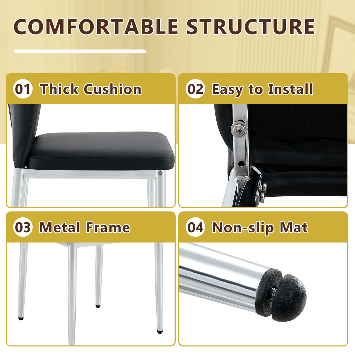 Table and chair set.Modern glass round table: 39 inch diameter, X-shaped silver metal bracket. Paired with 4 Black Chairs, 37 inches High: Ergonomic PU Backrest .Suitable for restaurants, kitchens.