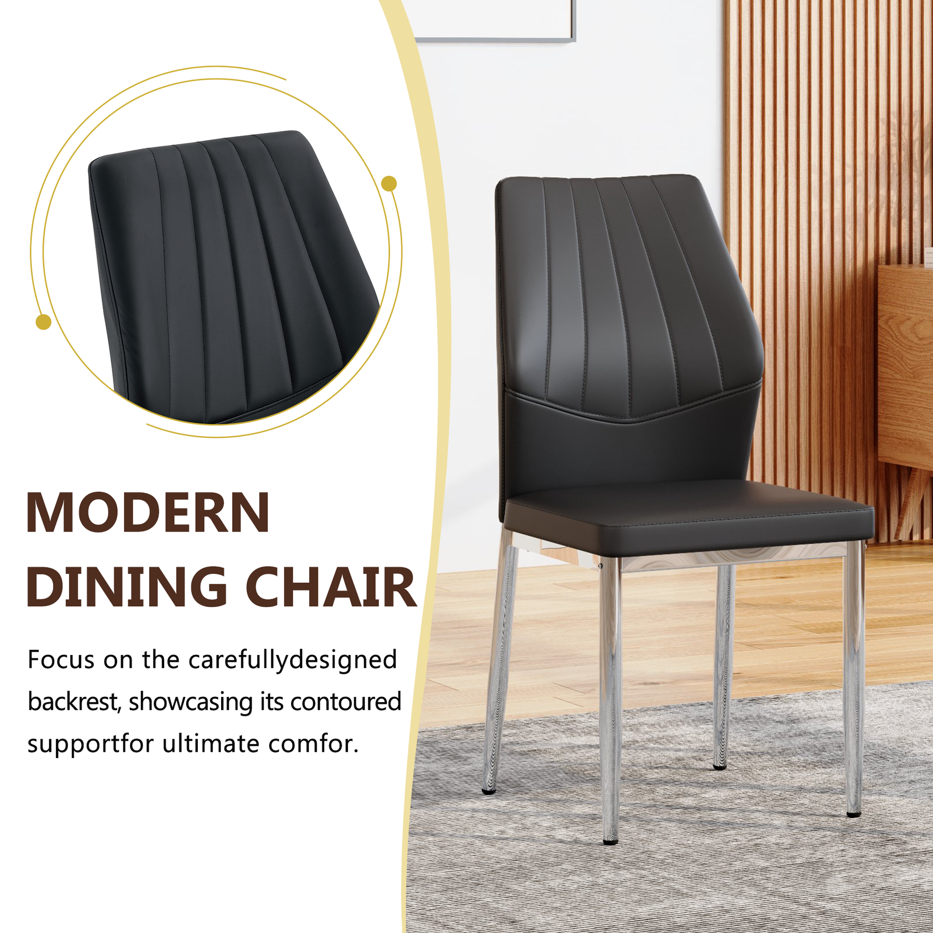 Table and chair set.Modern glass round table: 39 inch diameter, X-shaped silver metal bracket. Paired with 4 Black Chairs, 37 inches High: Ergonomic PU Backrest .Suitable for restaurants, kitchens.