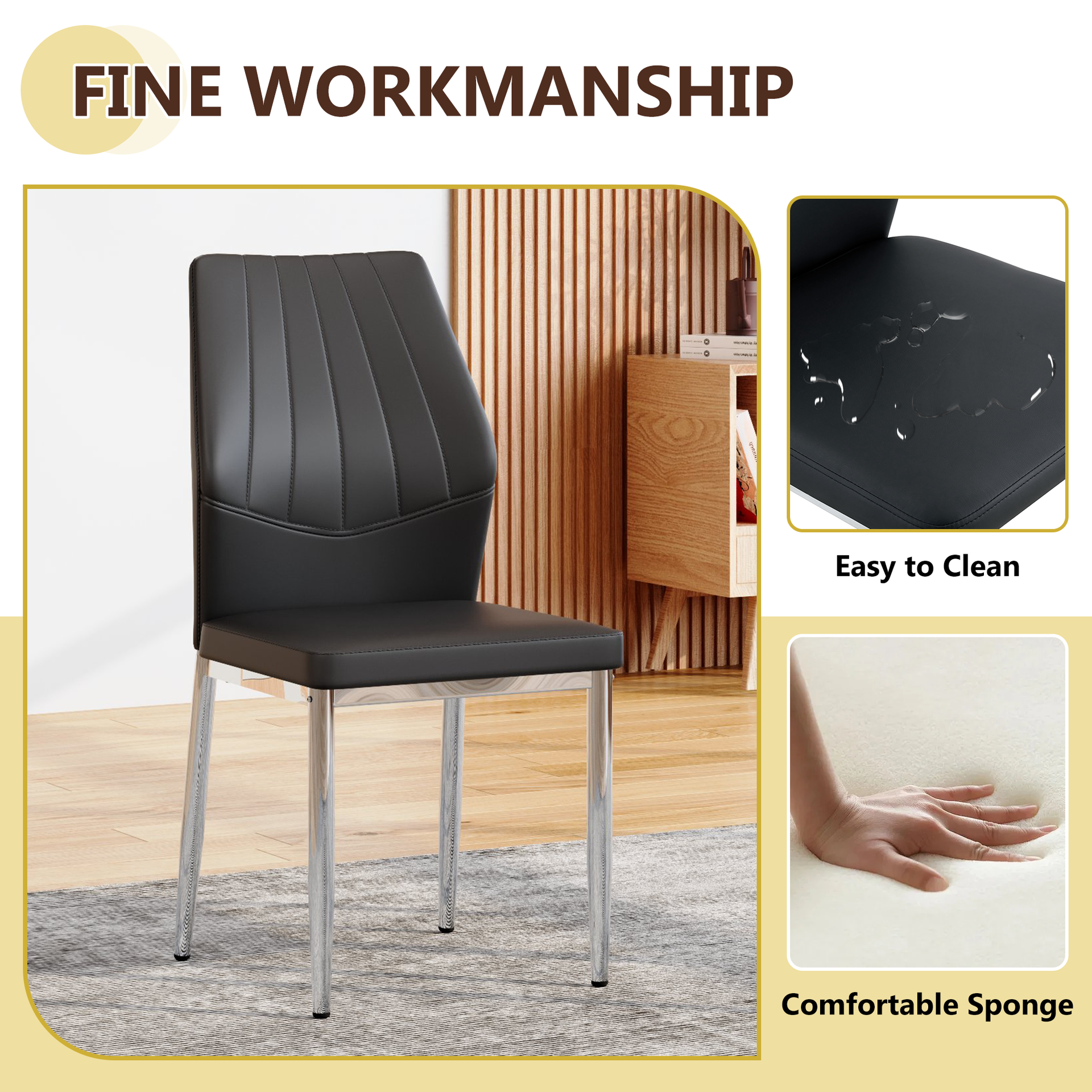 Table and chair set.Modern glass round table: 39 inch diameter, X-shaped silver metal bracket. Paired with 4 Black Chairs, 37 inches High: Ergonomic PU Backrest .Suitable for restaurants, kitchens.