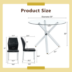 Table and chair set.Modern glass round table: 39 inch diameter, X-shaped silver metal bracket. Paired with 4 Black Chairs, 37 inches High: Ergonomic PU Backrest .Suitable for restaurants, kitchens.