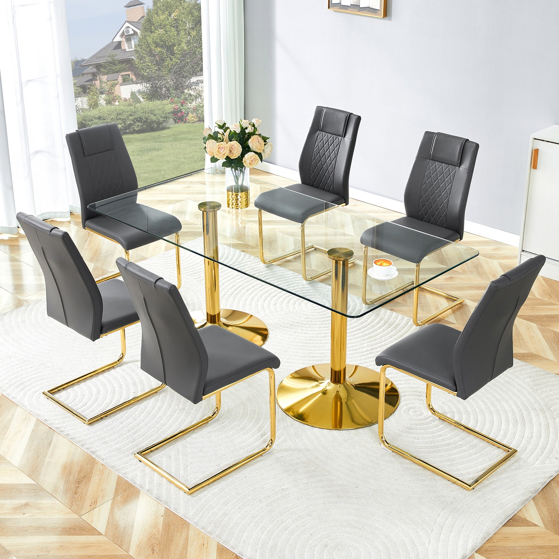 Table and chair set. 71 inch x 35.4-inch tempered glass table,Dark gray High-quality PU Chairs With Golden Arched Metal Legs, Modern Table & 6 Seater Dining Room Furniture Set for Family Gatherings.