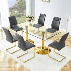 Table and chair set. 71 inch x 35.4-inch tempered glass table,Dark gray High-quality PU Chairs With Golden Arched Metal Legs, Modern Table & 6 Seater Dining Room Furniture Set for Family Gatherings.