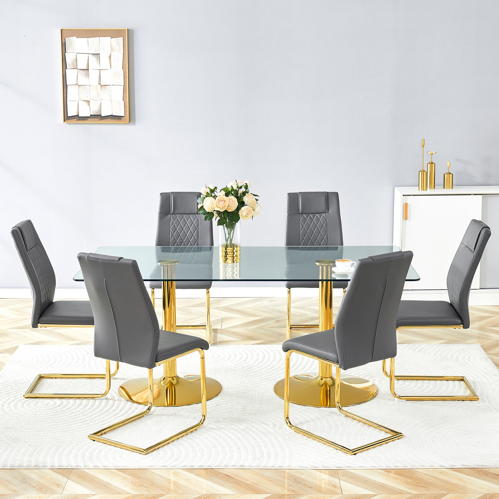 Table and chair set. 71 inch x 35.4-inch tempered glass table,Dark gray High-quality PU Chairs With Golden Arched Metal Legs, Modern Table & 6 Seater Dining Room Furniture Set for Family Gatherings.