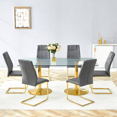 Table and chair set. 71 inch x 35.4-inch tempered glass table,Dark gray High-quality PU Chairs With Golden Arched Metal Legs, Modern Table & 6 Seater Dining Room Furniture Set for Family Gatherings.