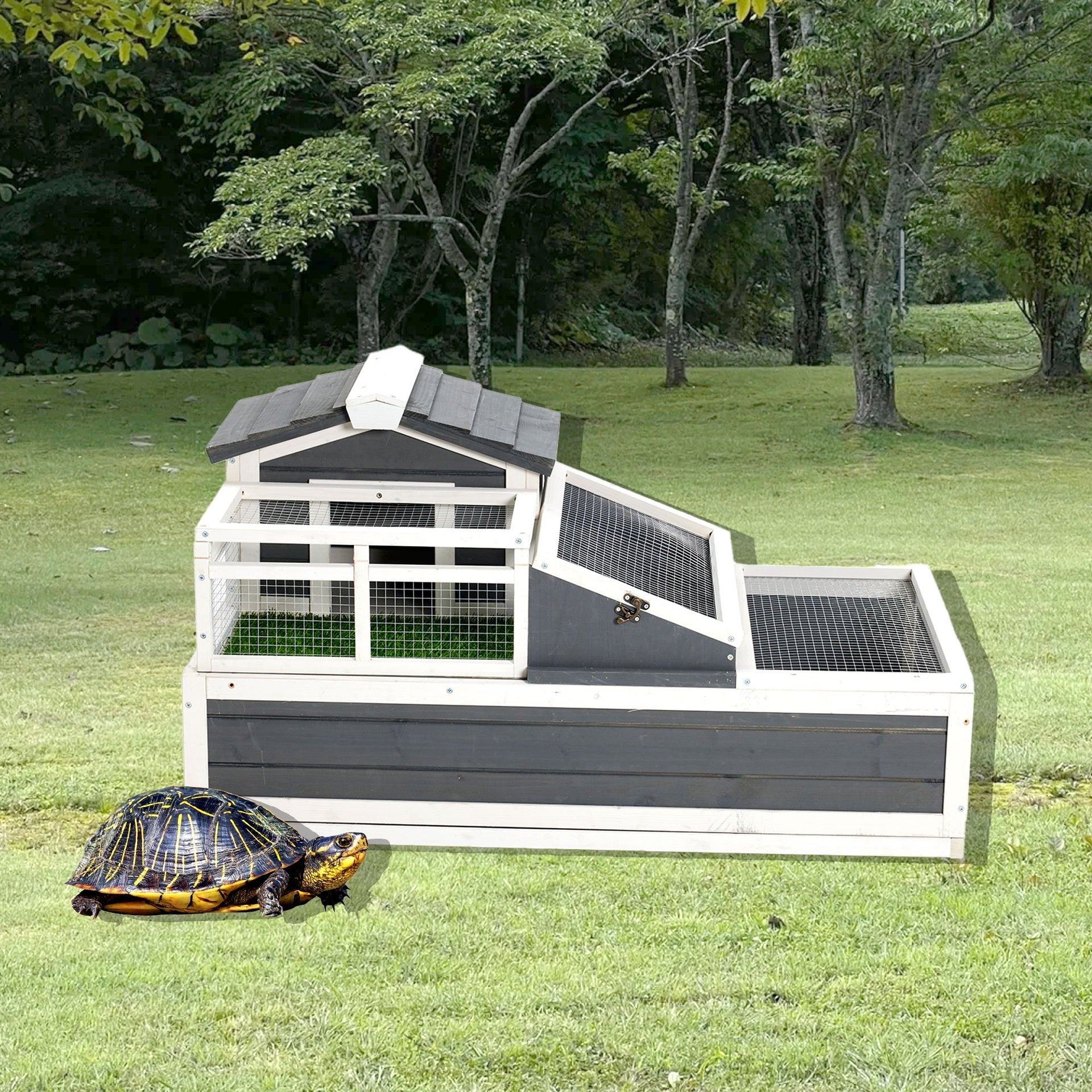 3-Room Tortoise House Habitat with Turf Balcony & 2 Stories, Indoor/Outdoor Wooden Tortoise Enclosure with Ladder, Tray, Openable Roof, Large Reptile Cage