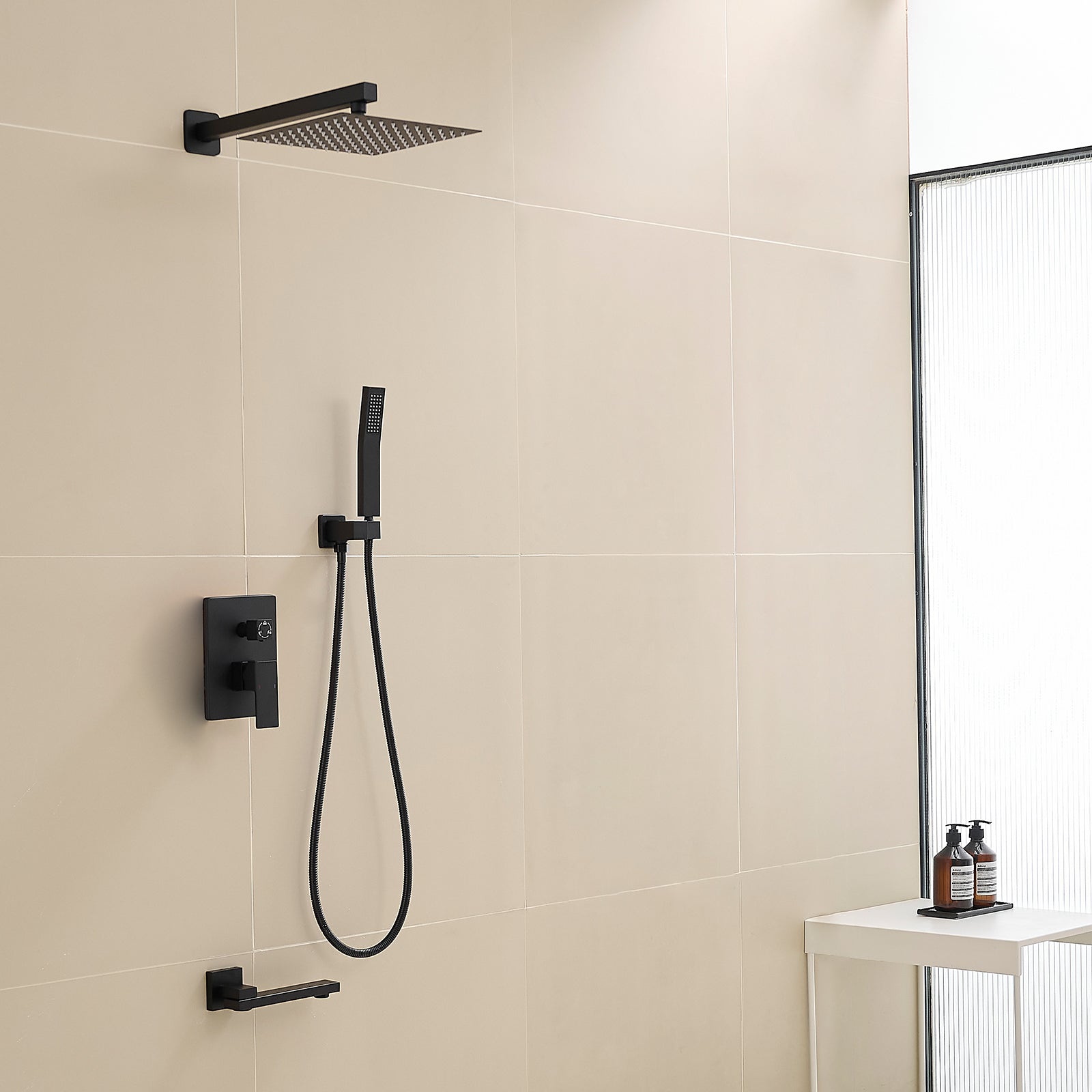 Shower System with 10 Inch Rain Shower Head and Handheld Wall Mounted and Down Sprayer,High Pressure Rainfall Shower Faucet Fixture Combo Set with 2 in 1 Handheld Showerhead for Bathroom, Matte Black