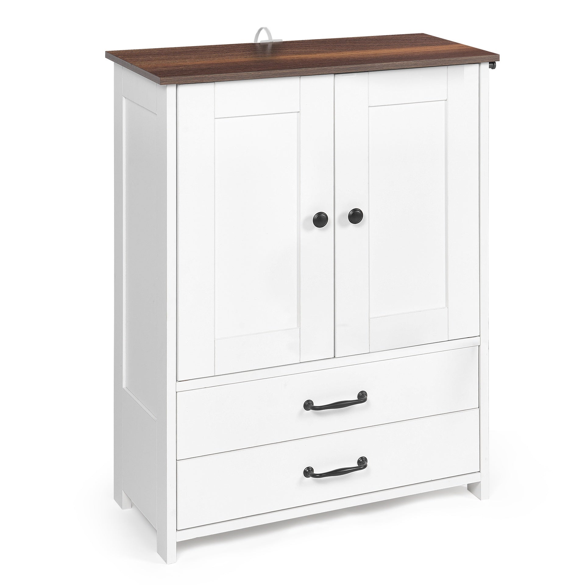 Dog feeding station, double door locker with 2 adjustable dog bowls, 3 hooks on right side, white