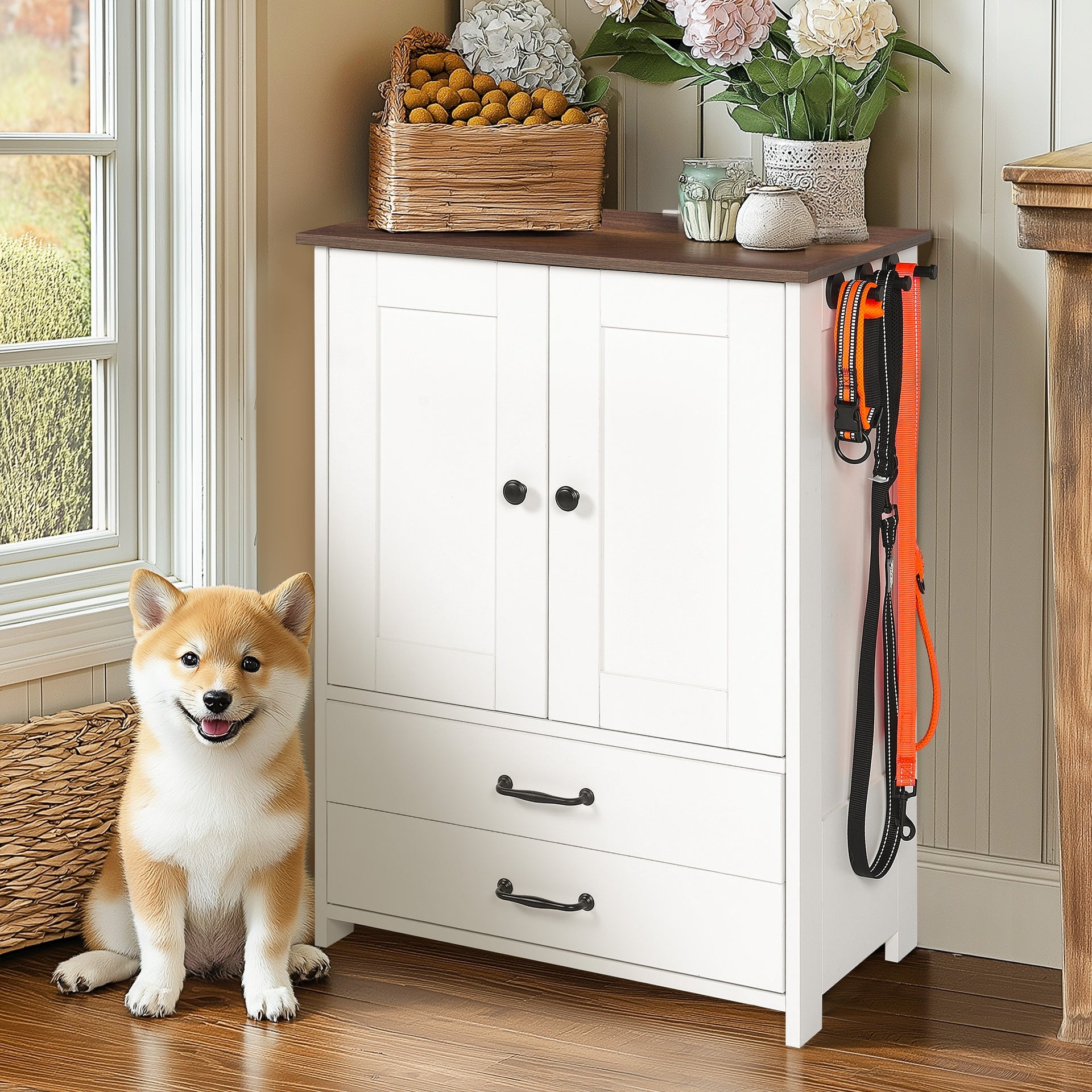Dog feeding station, double door locker with 2 adjustable dog bowls, 3 hooks on right side, white