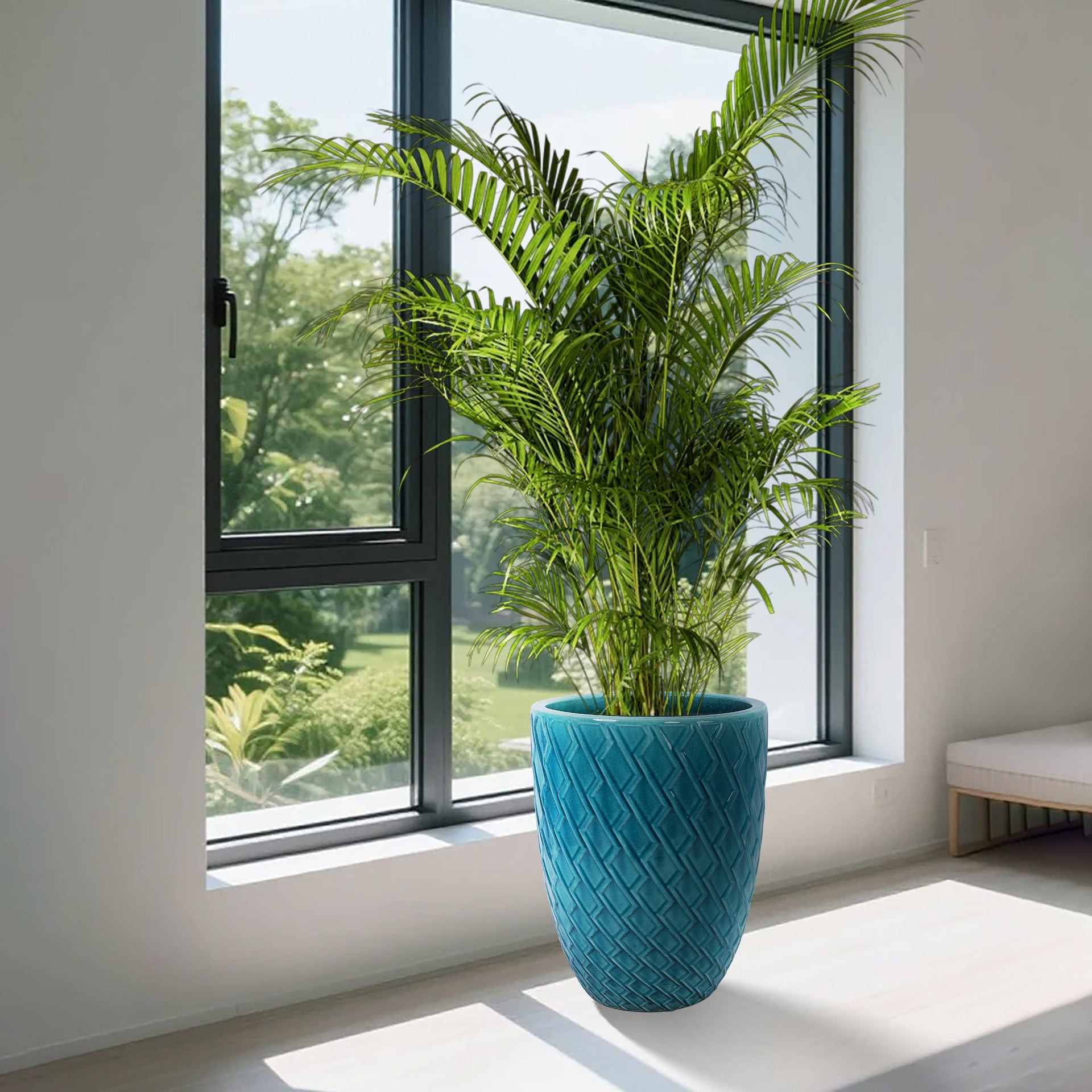 Handmade Teal Cyan Ceramic Flower Pot, 16.54" W x 21.26" H, Large Planter for Indoor & Outdoor Potted Plants, Flowers by Front Door, Breathable Clay with Drainage