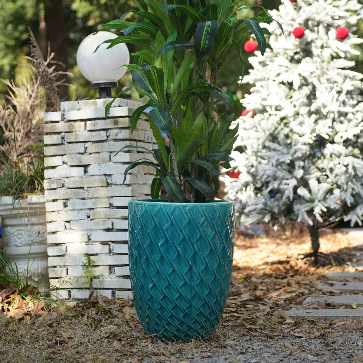 Handmade Teal Cyan Ceramic Flower Pot, 16.54" W x 21.26" H, Large Planter for Indoor & Outdoor Potted Plants, Flowers by Front Door, Breathable Clay with Drainage