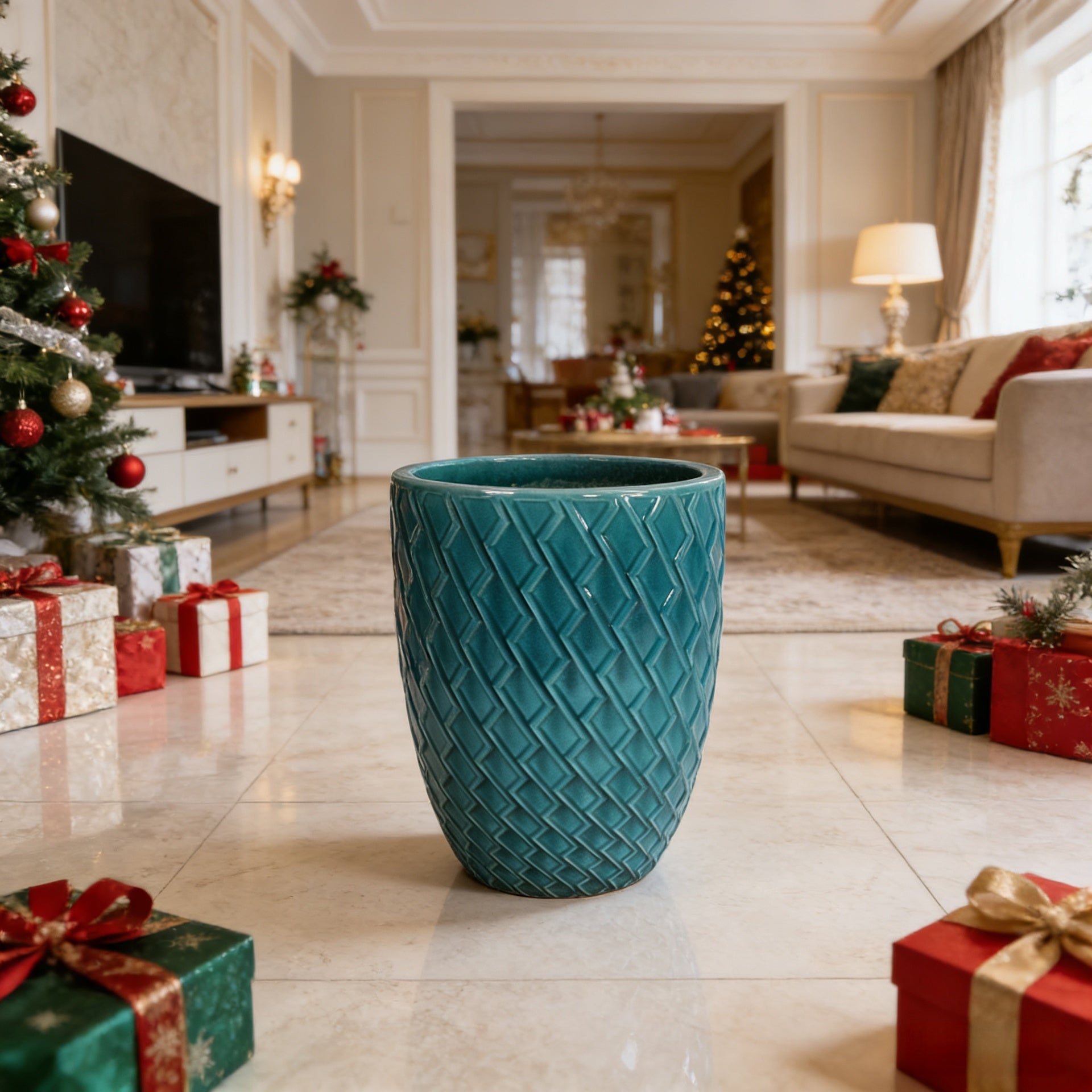 Handmade Teal Cyan Ceramic Flower Pot, 16.54" W x 21.26" H, Large Planter for Indoor & Outdoor Potted Plants, Flowers by Front Door, Breathable Clay with Drainage