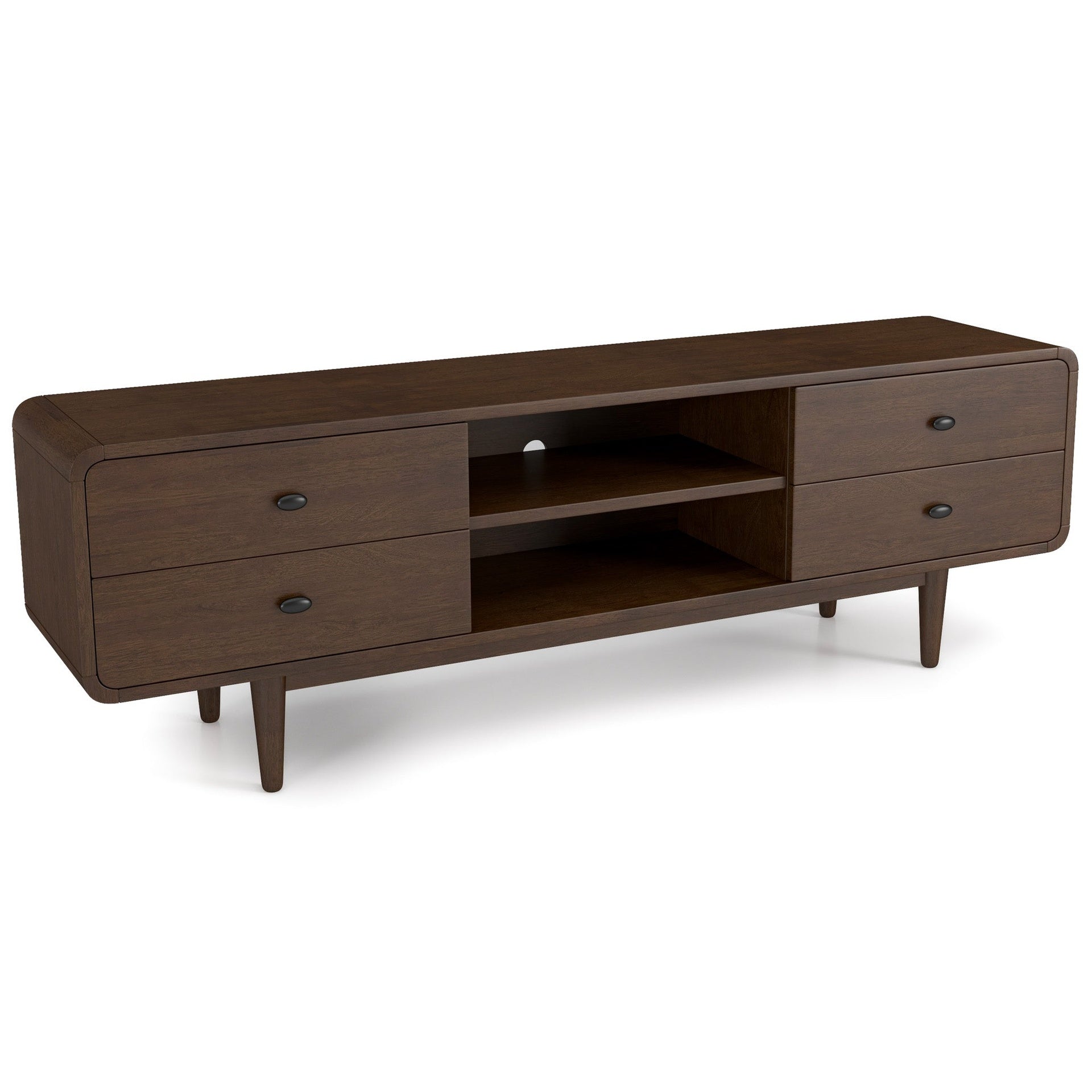 Alexa Mid Century Modern Style TV Stand with Walnut Finish and Solid Wood Construction 23" H x 71" W x 16" D for Bedroom, Hallway, Entryway, Closet