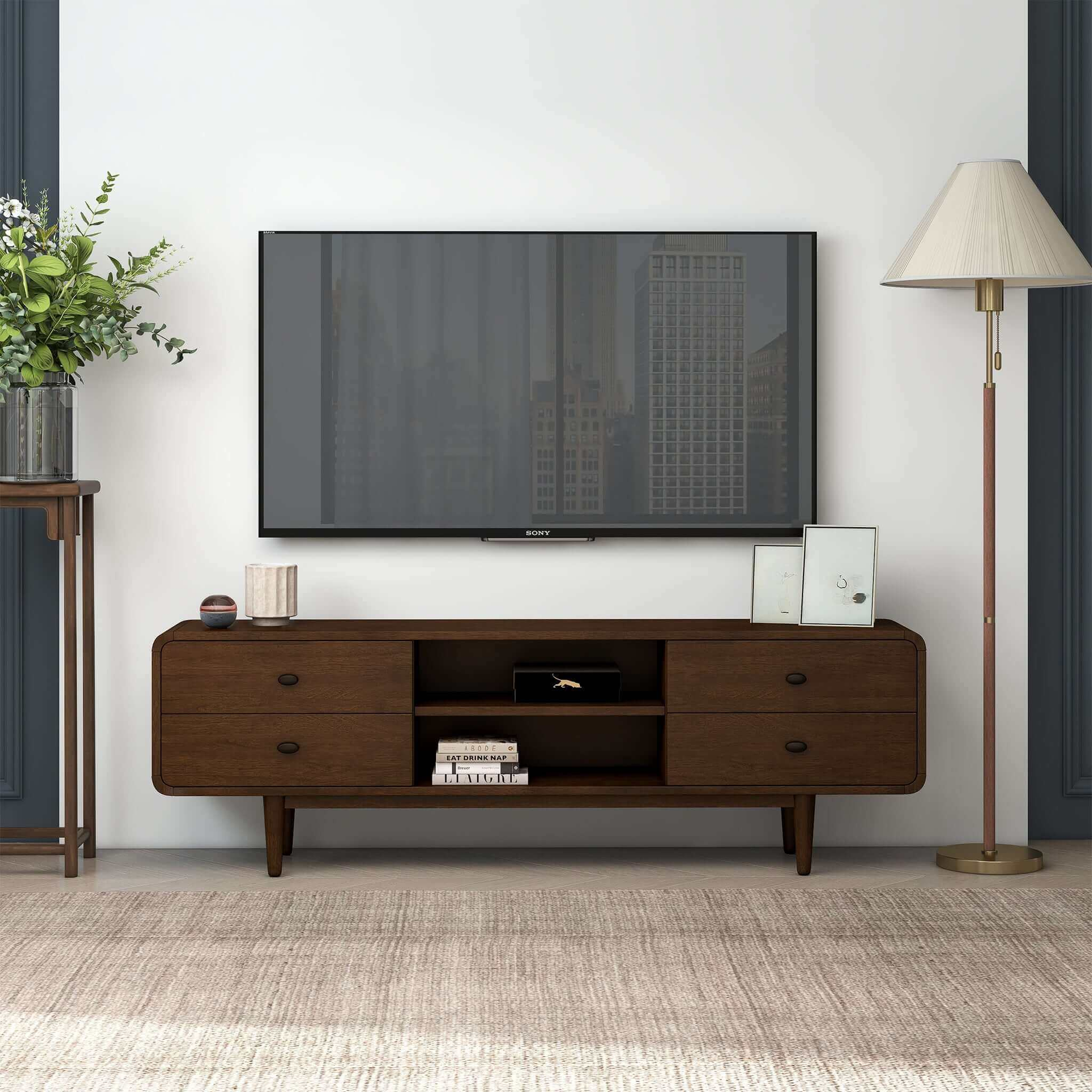 Alexa Mid Century Modern Style TV Stand with Walnut Finish and Solid Wood Construction 23" H x 71" W x 16" D for Bedroom, Hallway, Entryway, Closet