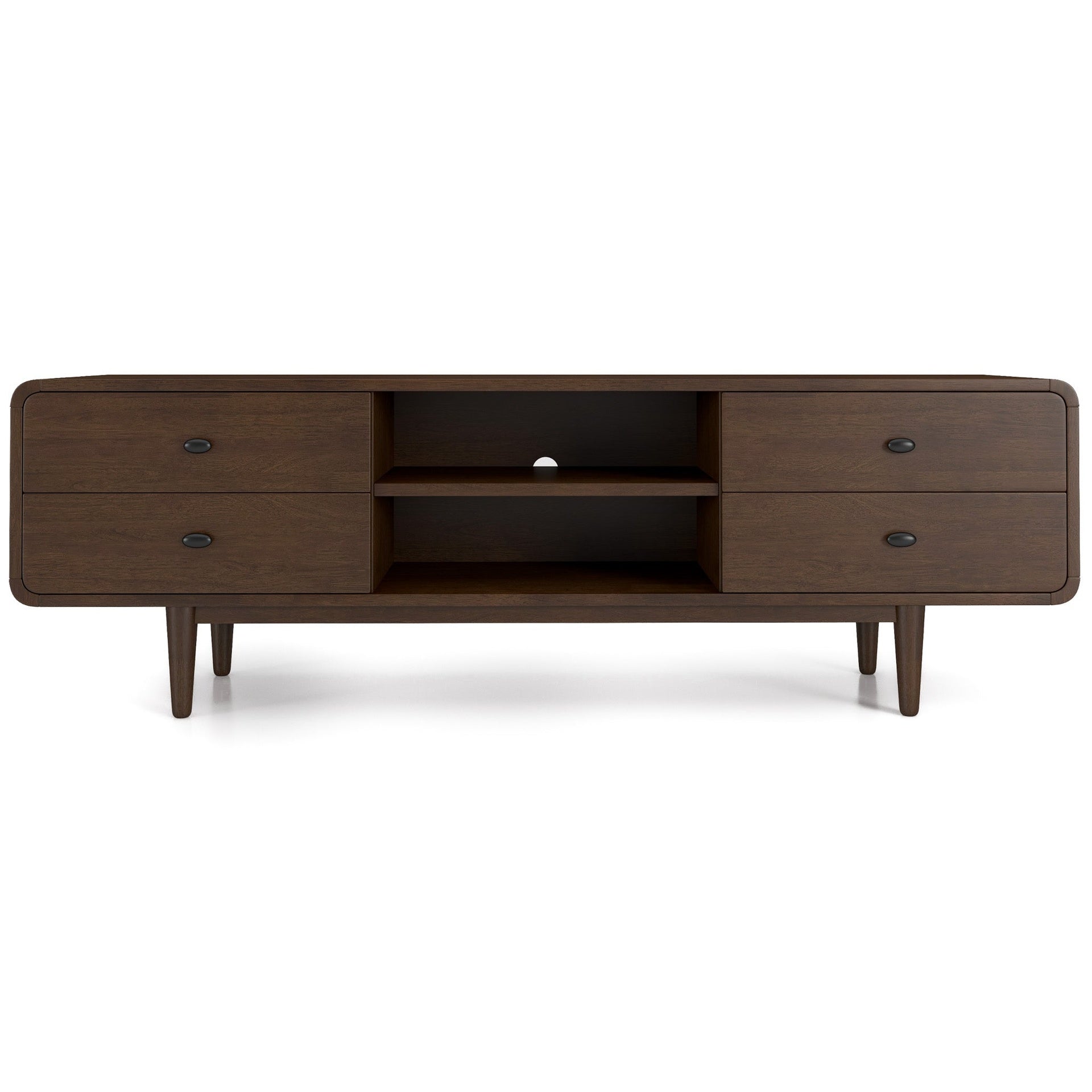 Alexa Mid Century Modern Style TV Stand with Walnut Finish and Solid Wood Construction 23" H x 71" W x 16" D for Bedroom, Hallway, Entryway, Closet