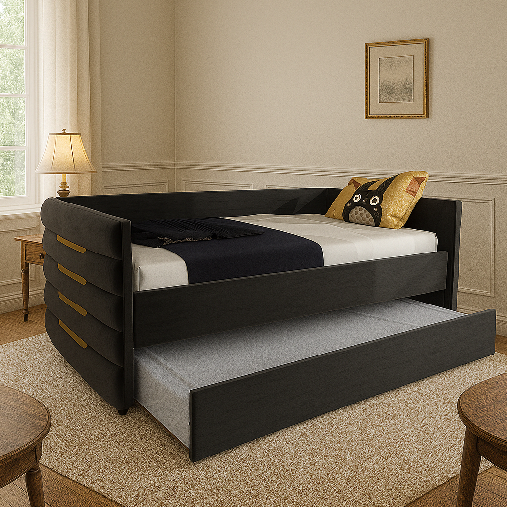 MODERN TWIN SIZE DAYBED WITH TRUNDLE, UPHOLSTERED BLACK VELVET SOFA BED FRAME WITH GOLD ACCENTS, SPACE-SAVING GUEST BED FOR BEDROOM OR LIVING ROOM(OLD SKU:W1867S00004)