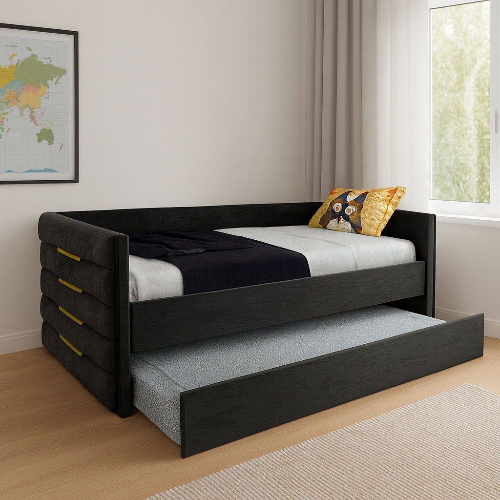 MODERN TWIN SIZE DAYBED WITH TRUNDLE, UPHOLSTERED BLACK VELVET SOFA BED FRAME WITH GOLD ACCENTS, SPACE-SAVING GUEST BED FOR BEDROOM OR LIVING ROOM(OLD SKU:W1867S00004)