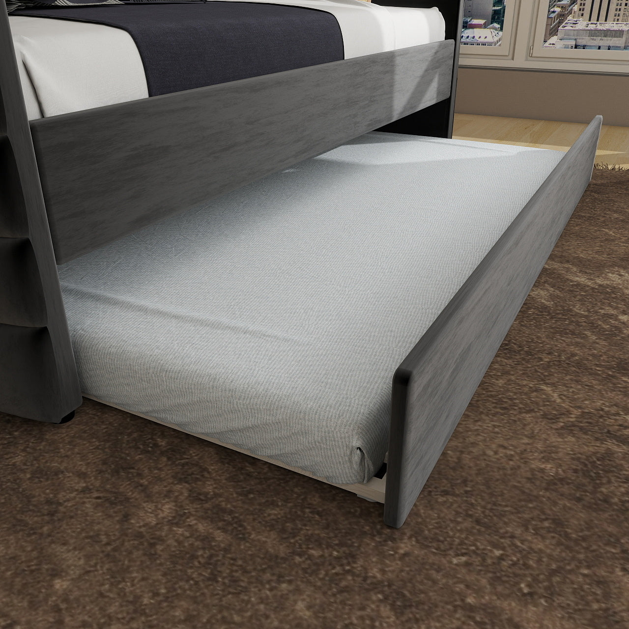 MODERN TWIN SIZE DAYBED WITH TRUNDLE, UPHOLSTERED BLACK VELVET SOFA BED FRAME WITH GOLD ACCENTS, SPACE-SAVING GUEST BED FOR BEDROOM OR LIVING ROOM(OLD SKU:W1867S00004)