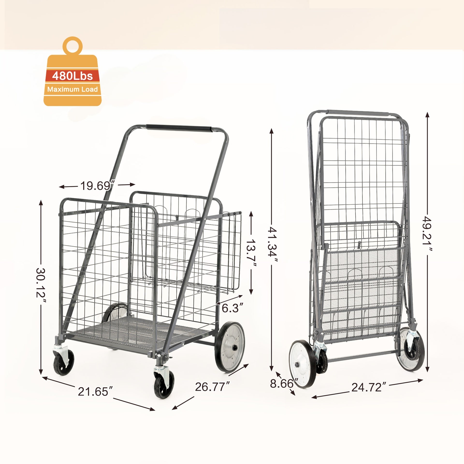 Bigger Super Jumbo Shopping Cart with Brake,Grocery Cart on Wheels, Foldable Utility Shopping Carts with Double Basket and 360° Rolling Swivel Wheels for Groceries Laundry,Grey