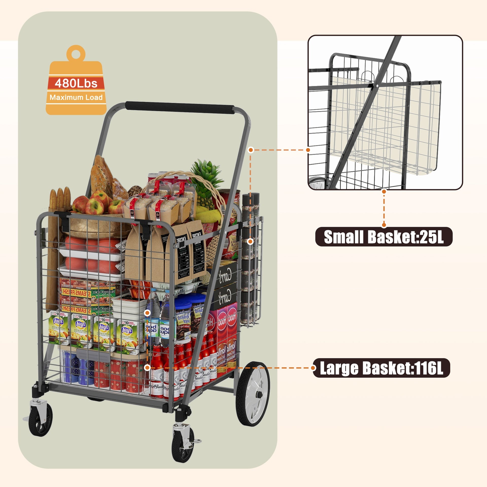 Bigger Super Jumbo Shopping Cart with Brake,Grocery Cart on Wheels, Foldable Utility Shopping Carts with Double Basket and 360° Rolling Swivel Wheels for Groceries Laundry,Grey