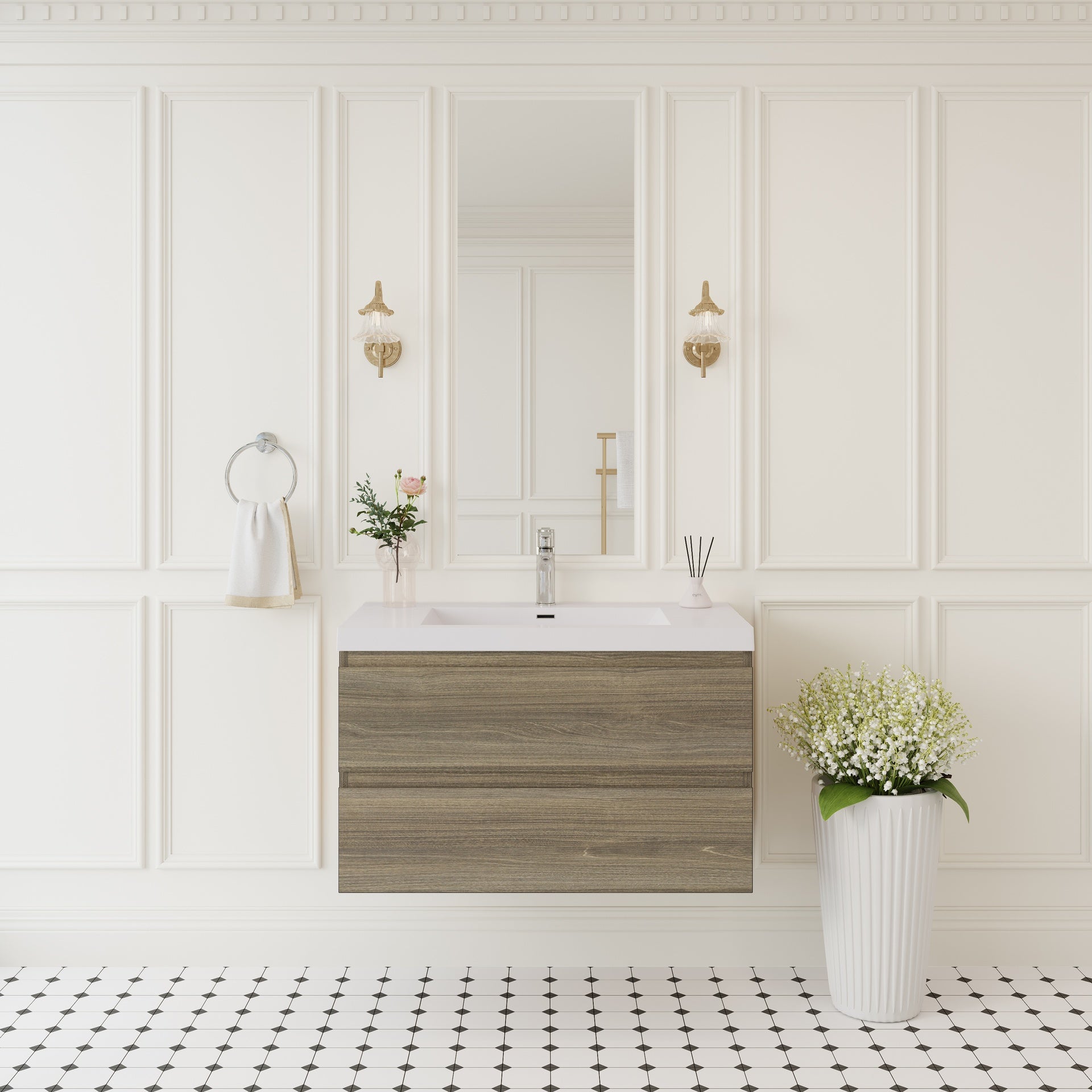 36" Floating Bathroom Vanity with Sink, Wall-Mounted Storage Cabinet with Solid Surface Top Basin and Soft Close Drawers Fully Assembled, Ash Grey 24V11-36AG-W1920P385482