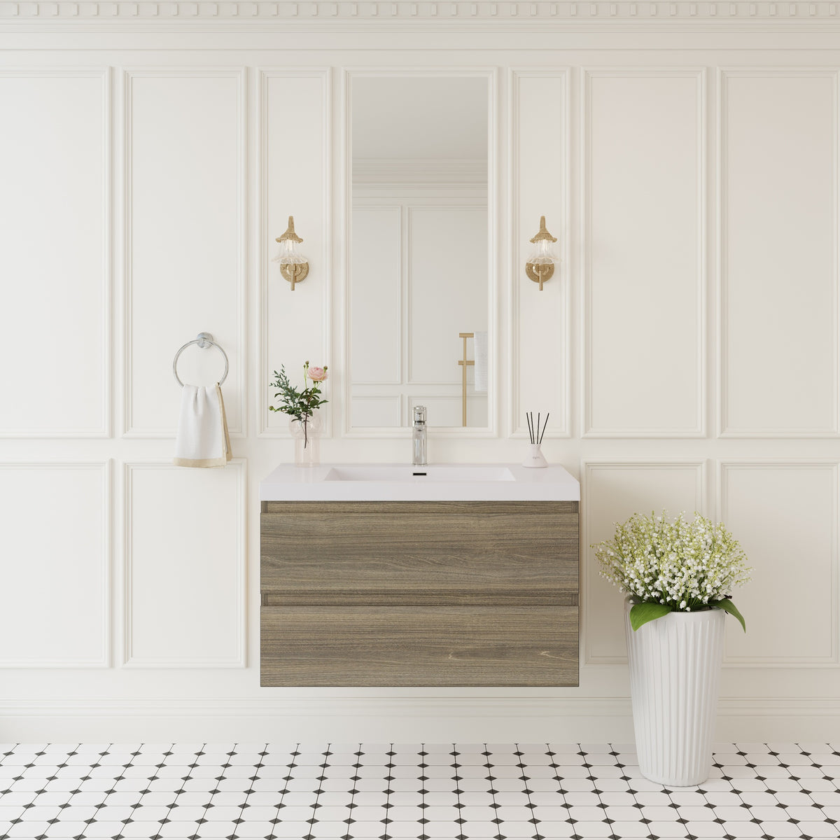 36" Floating Bathroom Vanity with Sink, Wall-Mounted Storage Cabinet with Solid Surface Top Basin and Soft Close Drawers Fully Assembled, Ash Grey 24V11-36AG-W1920P385482