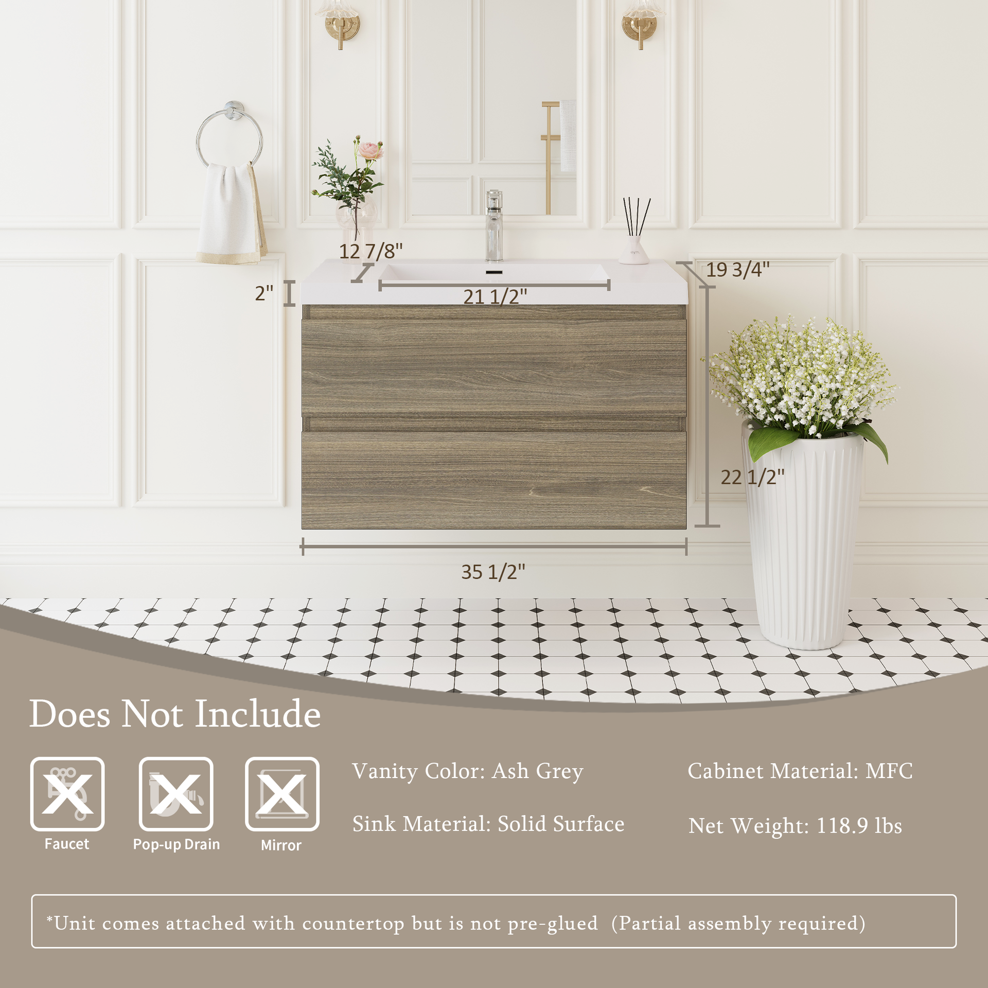 36" Floating Bathroom Vanity with Sink, Wall-Mounted Storage Cabinet with Solid Surface Top Basin and Soft Close Drawers Fully Assembled, Ash Grey 24V11-36AG-W1920P385482