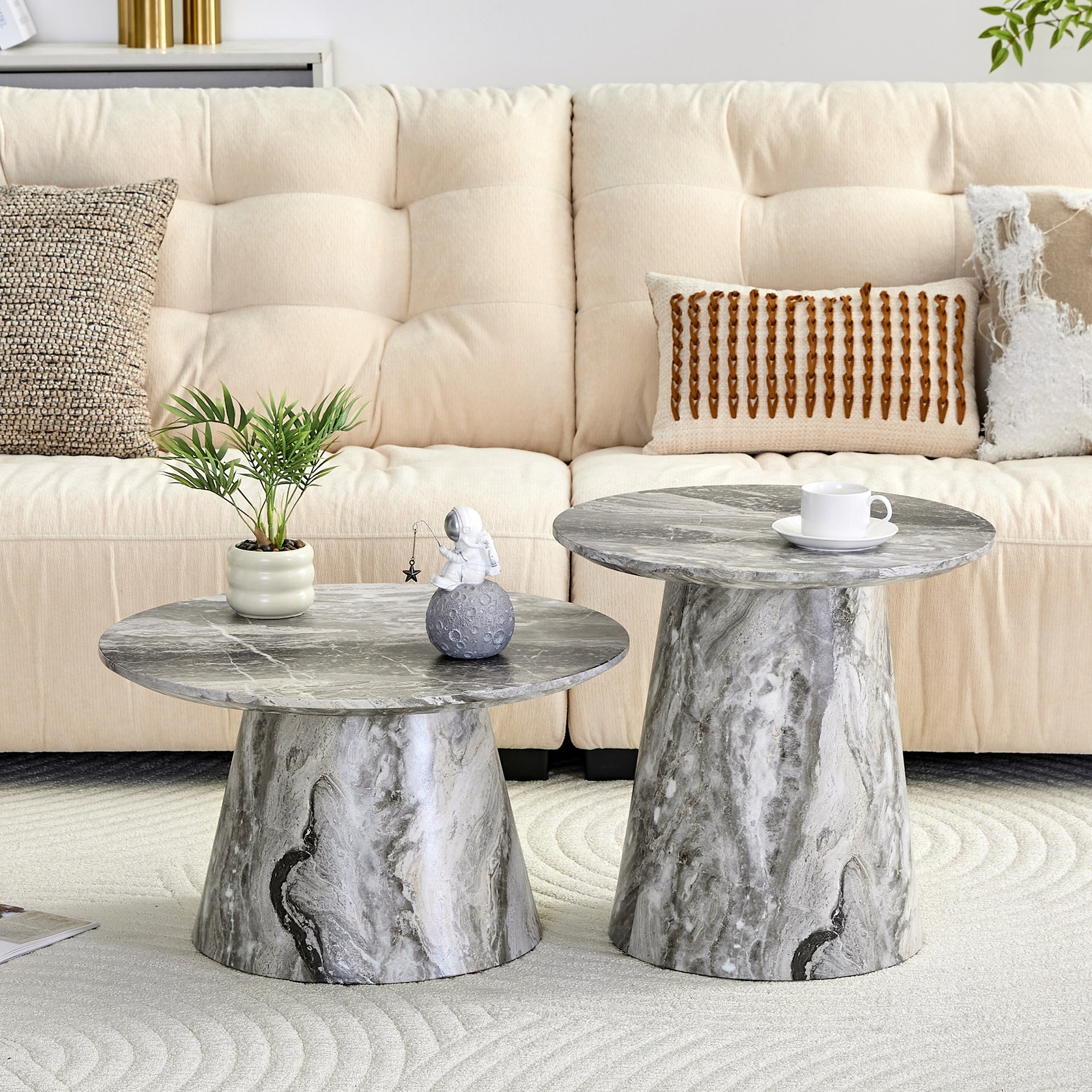 Nested coffee table, medieval-modern style coffee table, featuring grey veneer, classic round coffee table and side table set, simple living room, office center table