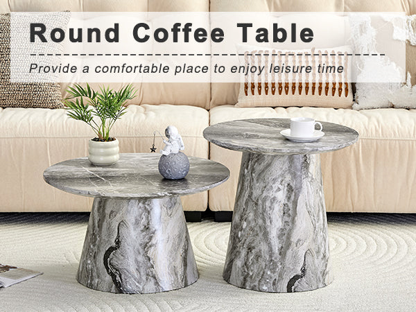 Nested coffee table, medieval-modern style coffee table, featuring grey veneer, classic round coffee table and side table set, simple living room, office center table