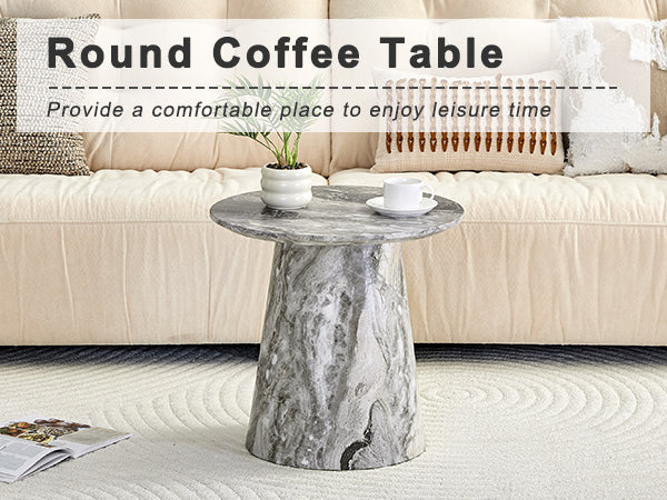 Grey textured medium density fiberboard circular coffee table - diameter 19.6 inches, height 18.8 inches Grey textured veneer, delicate texture, flexible adaptation to circular tabletop.