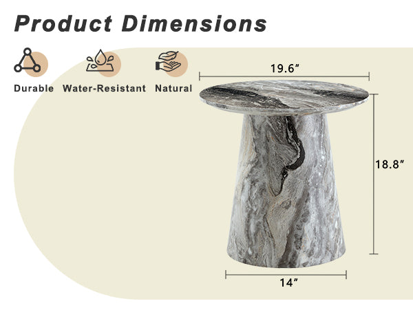 Grey textured medium density fiberboard circular coffee table - diameter 19.6 inches, height 18.8 inches Grey textured veneer, delicate texture, flexible adaptation to circular tabletop.
