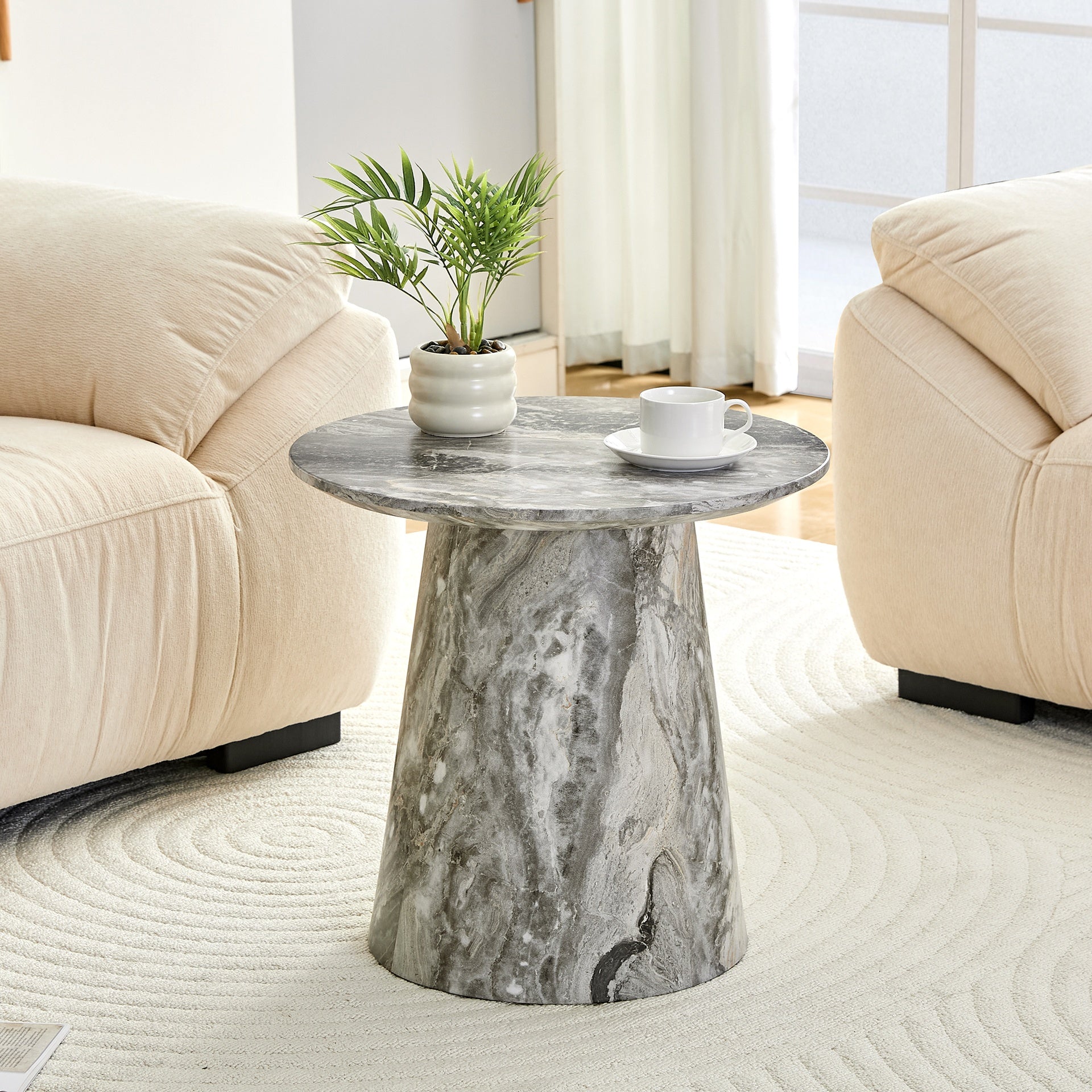 Grey textured medium density fiberboard circular coffee table - diameter 19.6 inches, height 18.8 inches Grey textured veneer, delicate texture, flexible adaptation to circular tabletop.