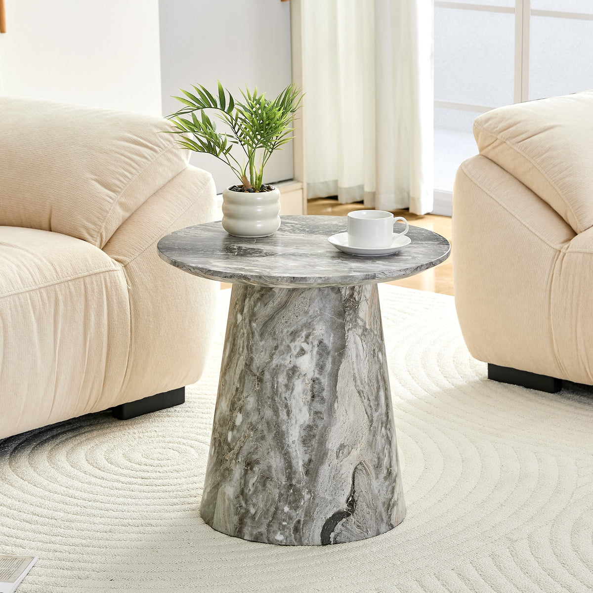 Grey textured medium density fiberboard circular coffee table - diameter 19.6 inches, height 18.8 inches Grey textured veneer, delicate texture, flexible adaptation to circular tabletop.