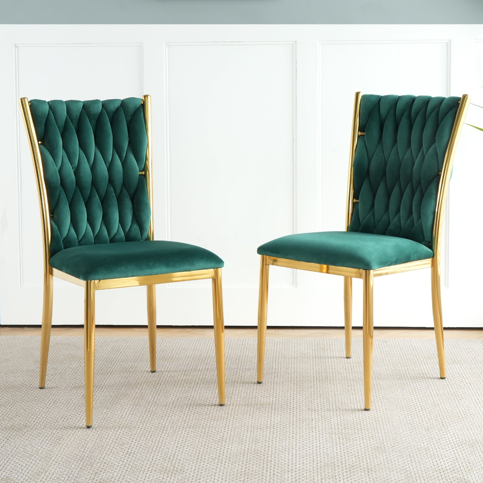 Modern simple green velvet dining chair, family bedroom stool back student table chair, gold-plated metal chair legs, suitable for dining room kitchen bedroom (set of 2)