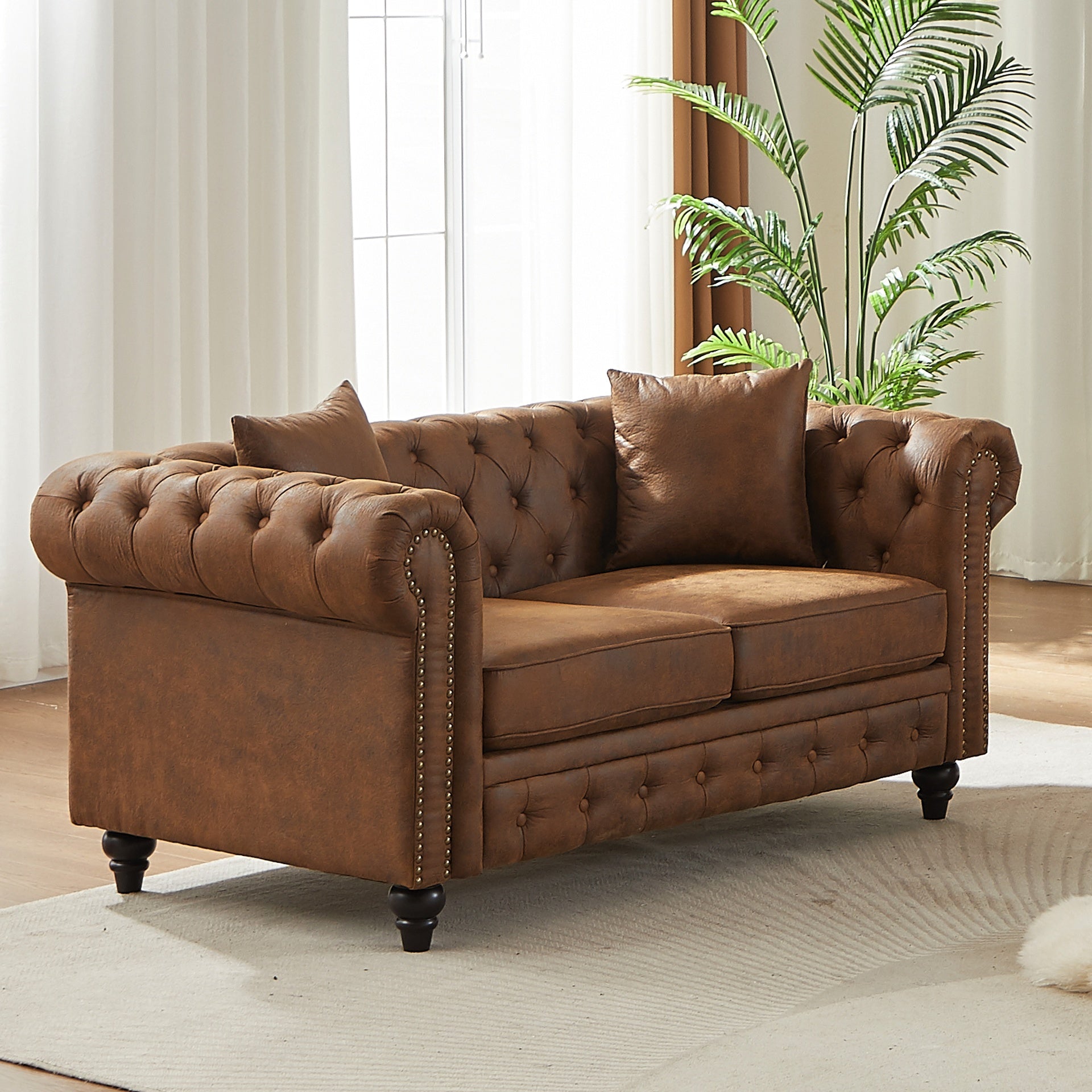 FX 63.5" Contemporary Design chesterfield sofa, Tech Fabric Button Design Living Room Sectional, Button Tufted with Nail Design Arms with 2 Pillows, Upholstered Upholstery and Wooden Legs