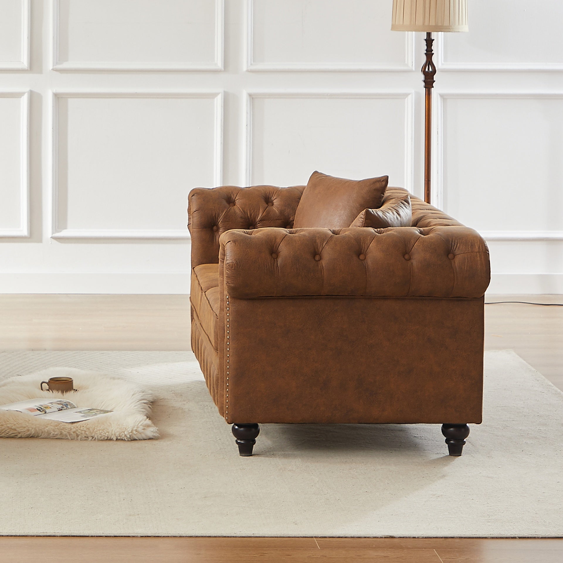 FX 63.5" Contemporary Design chesterfield sofa, Tech Fabric Button Design Living Room Sectional, Button Tufted with Nail Design Arms with 2 Pillows, Upholstered Upholstery and Wooden Legs