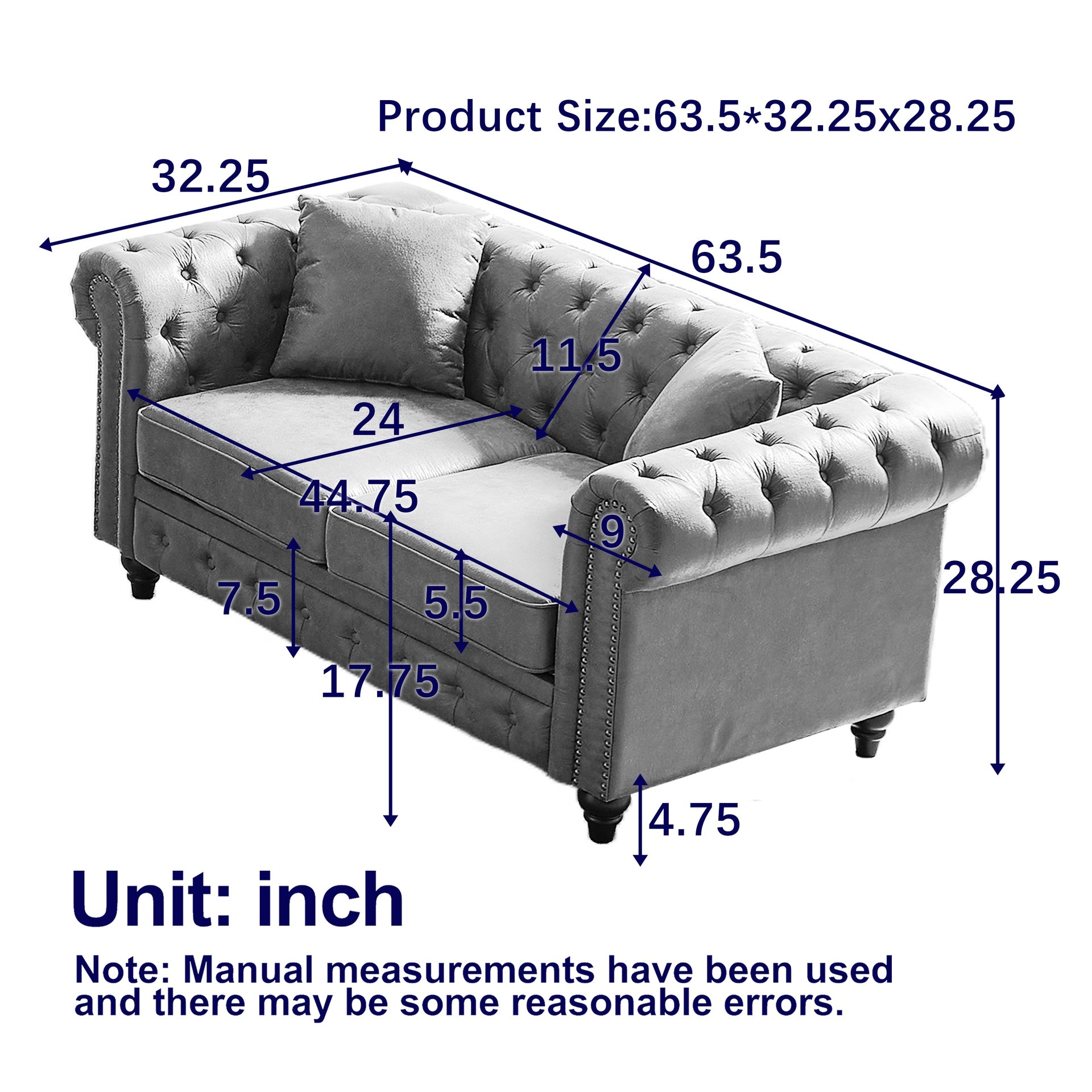 FX 63.5" Contemporary Design chesterfield sofa, Tech Fabric Button Design Living Room Sectional, Button Tufted with Nail Design Arms with 2 Pillows, Upholstered Upholstery and Wooden Legs