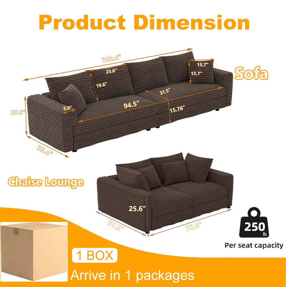 102.4 "Plush Corduroy 4-Seat Sofa,Modern Comfy Upholstered Sofa Cloud Couch,Deep Seat Couches with Soft Pillows and 3 Ottomans,Convertible Sofa Lounge Chair,Camel(New SKU:W1885S00285)