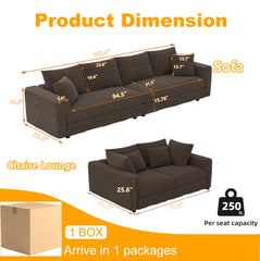 102.4 "Plush Corduroy 4-Seat Sofa,Modern Comfy Upholstered Sofa Cloud Couch,Deep Seat Couches with Soft Pillows and 3 Ottomans,Convertible Sofa Lounge Chair,Camel(New SKU:W1885S00285)