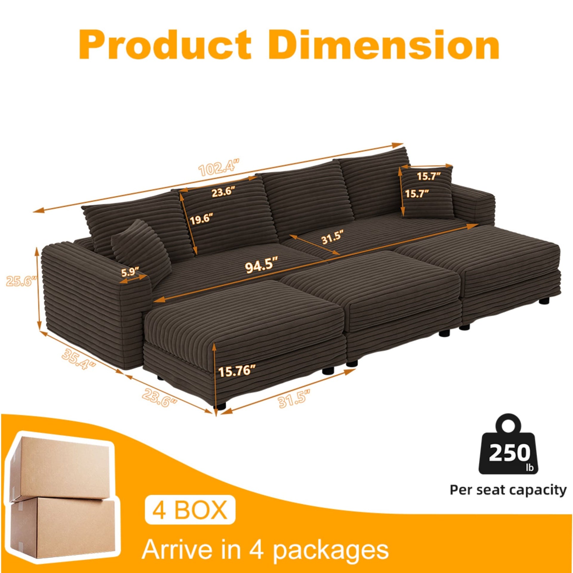 102.4 "Plush Corduroy 4-Seat Sofa,Modern Comfy Upholstered Sofa Cloud Couch,Deep Seat Couches with Soft Pillows and 3 Ottomans,Convertible Sofa Lounge Chair,Camel(New SKU:W1885S00285)