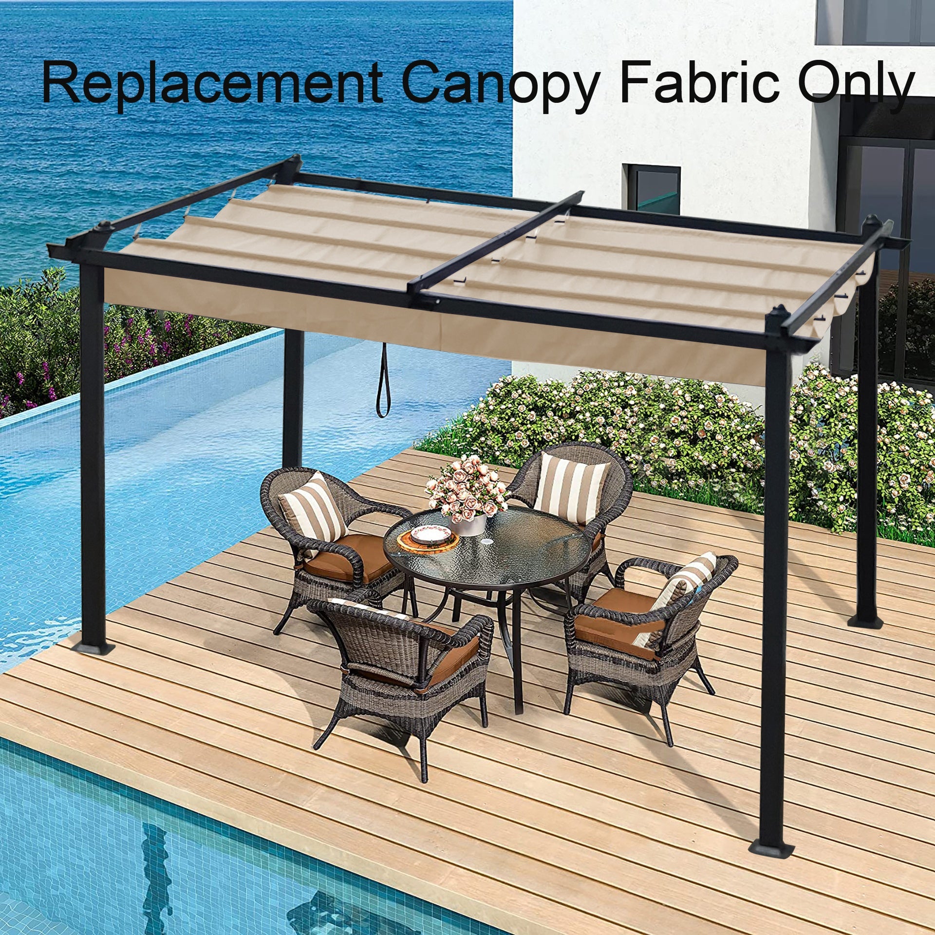 Replacement Canopy Top Fabric for 10x10 Ft Outdoor Patio Retractable Pergola Sunshelter Pergola Canopy-Khaki