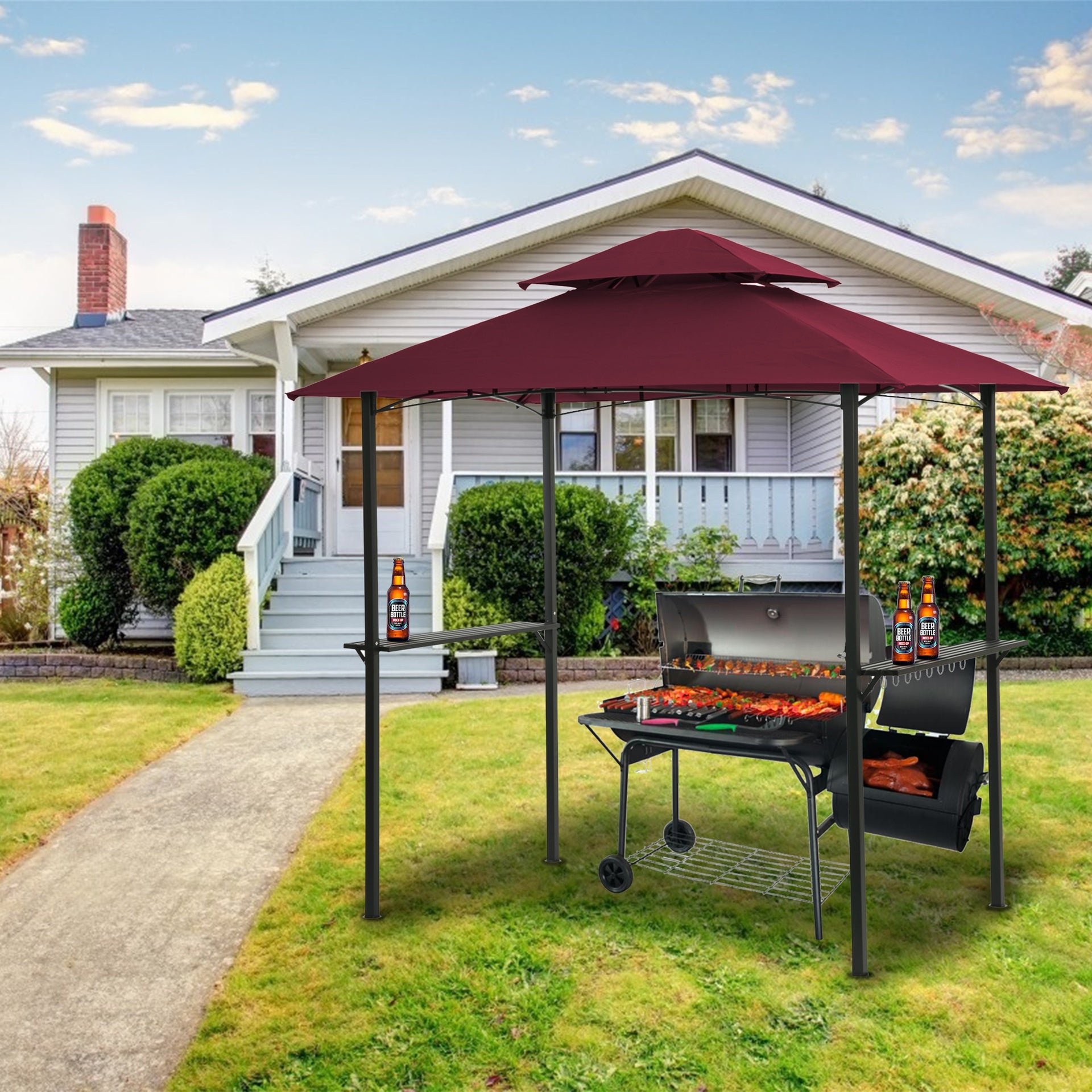 8x5Ft Grill Gazebo Replacement Canopy,Double Tiered BBQ Tent Roof Top Cover,BURGUNDY