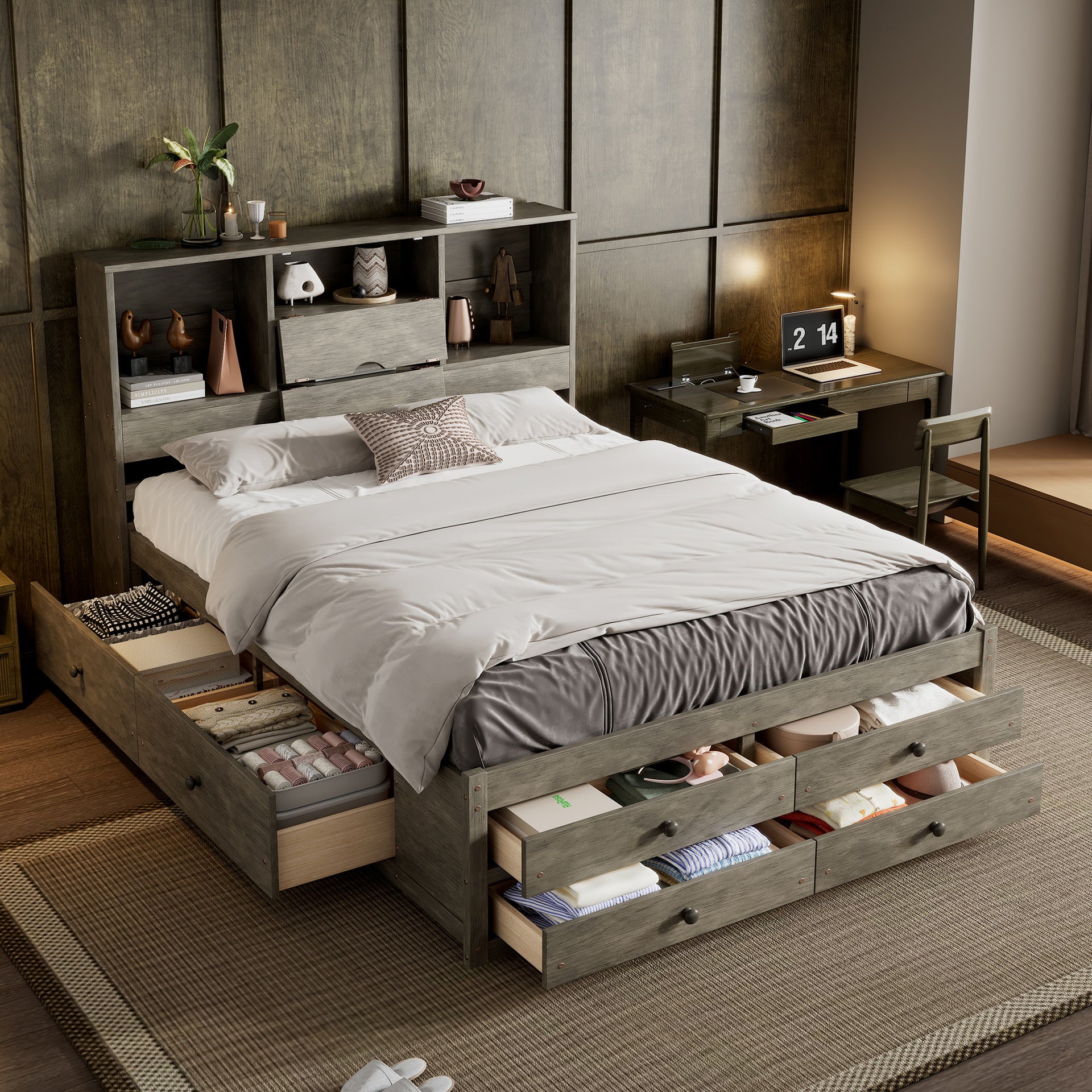 Queen Size Platform Bed with Storage Headboard and 8 Drawers, Gray