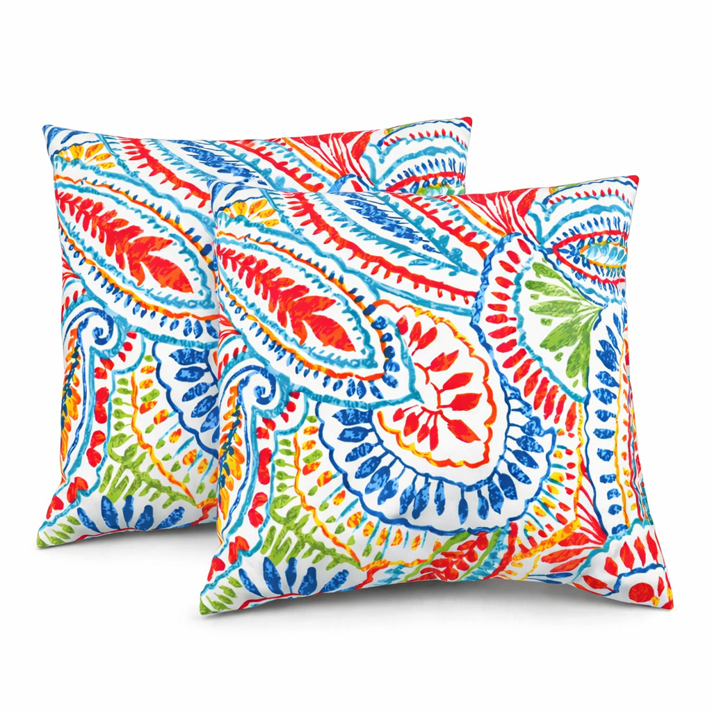 2 Pack Outdoor Throw Pillows, Waterproof & Fade-Resistant Patio Cushions for Garden, Porch, Poolside Furniture - Soft & Comfortable Decorative Pillow Covers (18x18 Inch, paisley multi)