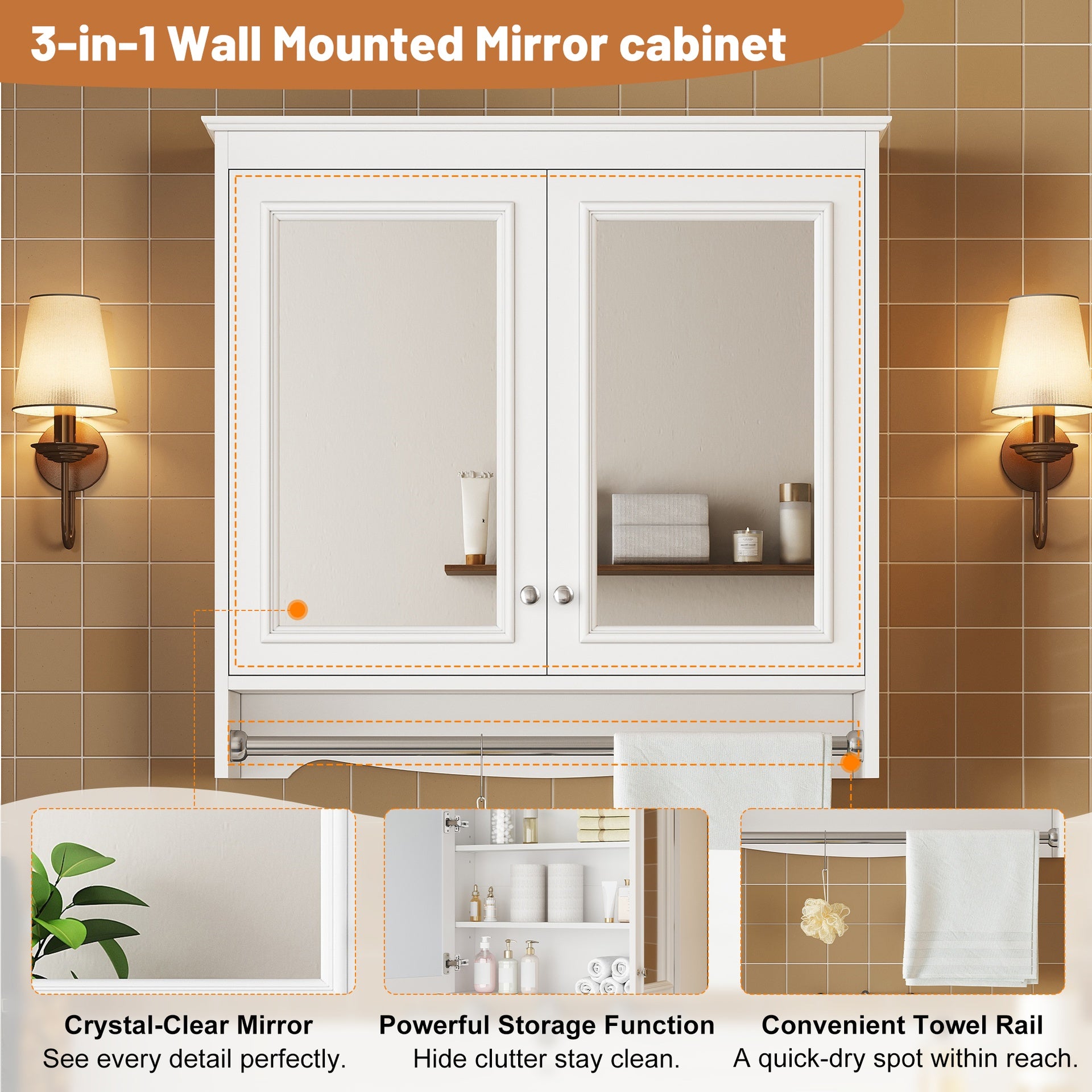 3-in-1 Bathroom Mirror Cabinet, 30 inch Wall Mounted Medicine Cabinet with Adjustable Shelves & Soft Close Doors, High-Define Mirror with Storage for Bathroom Vanity