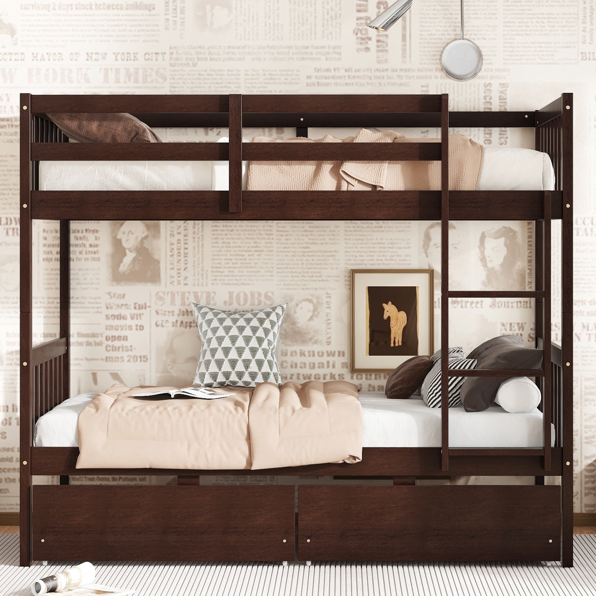 Twin Over Twin Rubber Wood Bunk Bed with 2 Drawers, Convertible into 2 Twin Beds, Twin Size Bunk Bed with Ladder and Safety Guardrails,Espresso