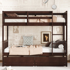 Twin Over Twin Rubber Wood Bunk Bed with 2 Drawers, Convertible into 2 Twin Beds, Twin Size Bunk Bed with Ladder and Safety Guardrails,Espresso