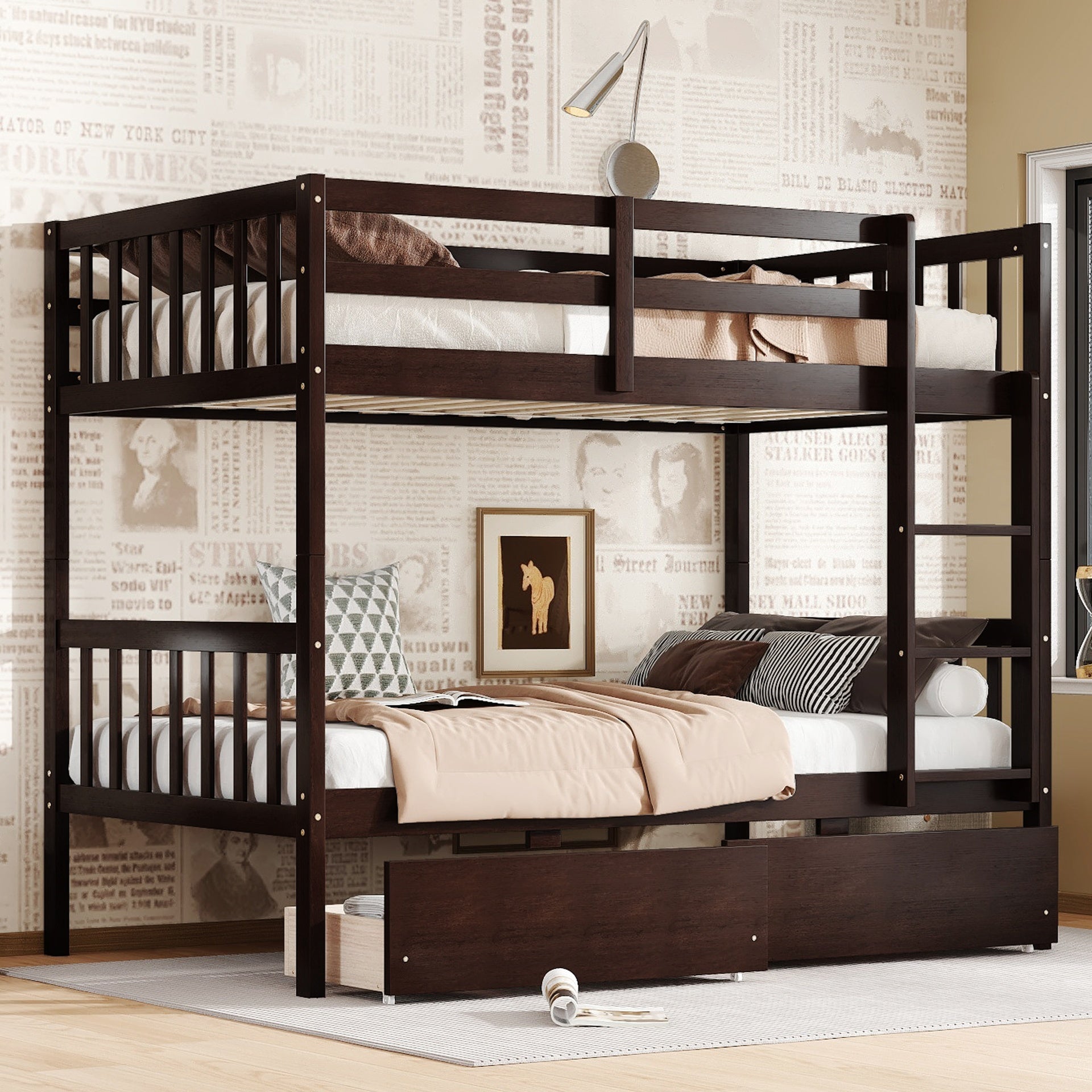 Twin Over Twin Rubber Wood Bunk Bed with 2 Drawers, Convertible into 2 Twin Beds, Twin Size Bunk Bed with Ladder and Safety Guardrails,Espresso