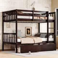 Twin Over Twin Rubber Wood Bunk Bed with 2 Drawers, Convertible into 2 Twin Beds, Twin Size Bunk Bed with Ladder and Safety Guardrails,Espresso