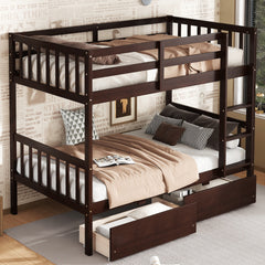 Twin Over Twin Rubber Wood Bunk Bed with 2 Drawers, Convertible into 2 Twin Beds, Twin Size Bunk Bed with Ladder and Safety Guardrails,Espresso